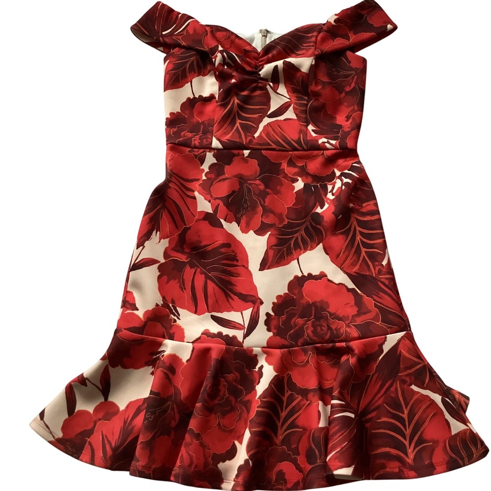 Boston Proper Floral‎ Dress Red Sleeveless Off the Shoulder Flounce Size 4